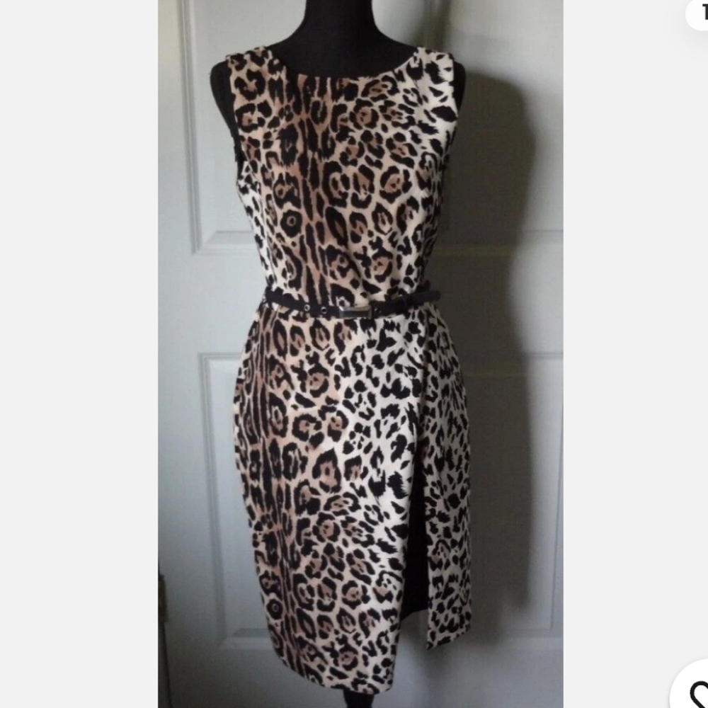 Black, tan and brown animal print faux wrap midi dress